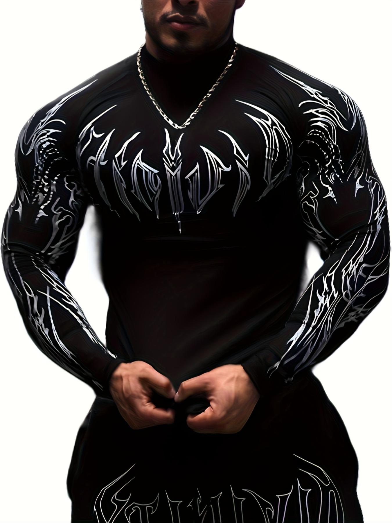 Men'S Gym Wear Compression Long Sleeve Shirt - High Neck Muscle Fitness Tee with Geometric Print, Contrast Design, Stretchy & Slim Fit for Gym, Running, Sports Apparel, Athletic Compression Shirts | Athletic Shirt