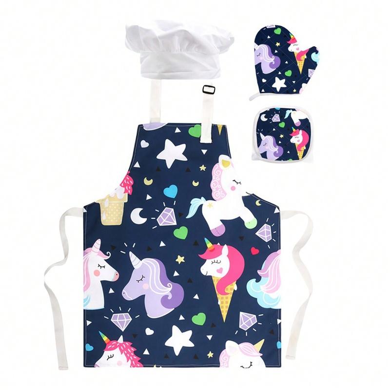 Unicorn Apron Set with Gloves Chef Hat and Baking Tools, Polyester Kitchen Apron, Perfect Holiday Gift, Colorful Chef Clothing Set