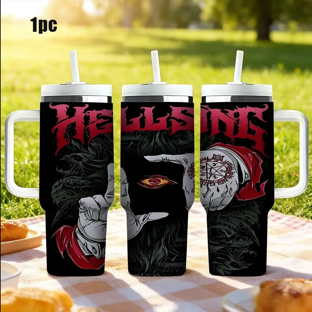 1pc 17oz/20oz/30oz/32oz/40oz Tumbler, Hellsing Alucard Hand Gesture Demon Eye Pentagram Magic Circle, Black‑Red Dark Gothic, Themed Tumbler For Anime Fans