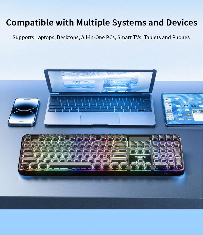 MOFii 708 RGB Backlit Full-Size Keyboard, Stylish White Transparent Keycaps, Tri-Mode Rechargeable, US Qwerty, Compatible with Phones & Tablets, Must-Have for Office & Gaming