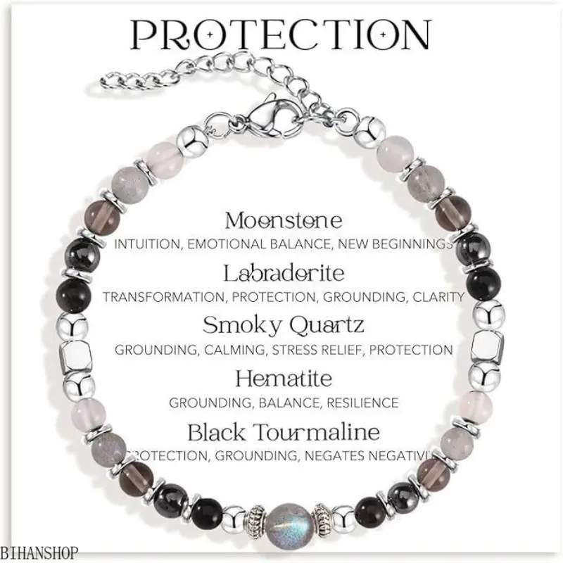 Protection Crystal Healing Bracelet for Women, Natural Moonstone Agate Obsidian Smoky Quartz Hematite Gemstone Beaded Bracelet, Negative Energy Protection Spiritual Grounding Jewelry, Adjustable Silver Tone Stress Relief Gift