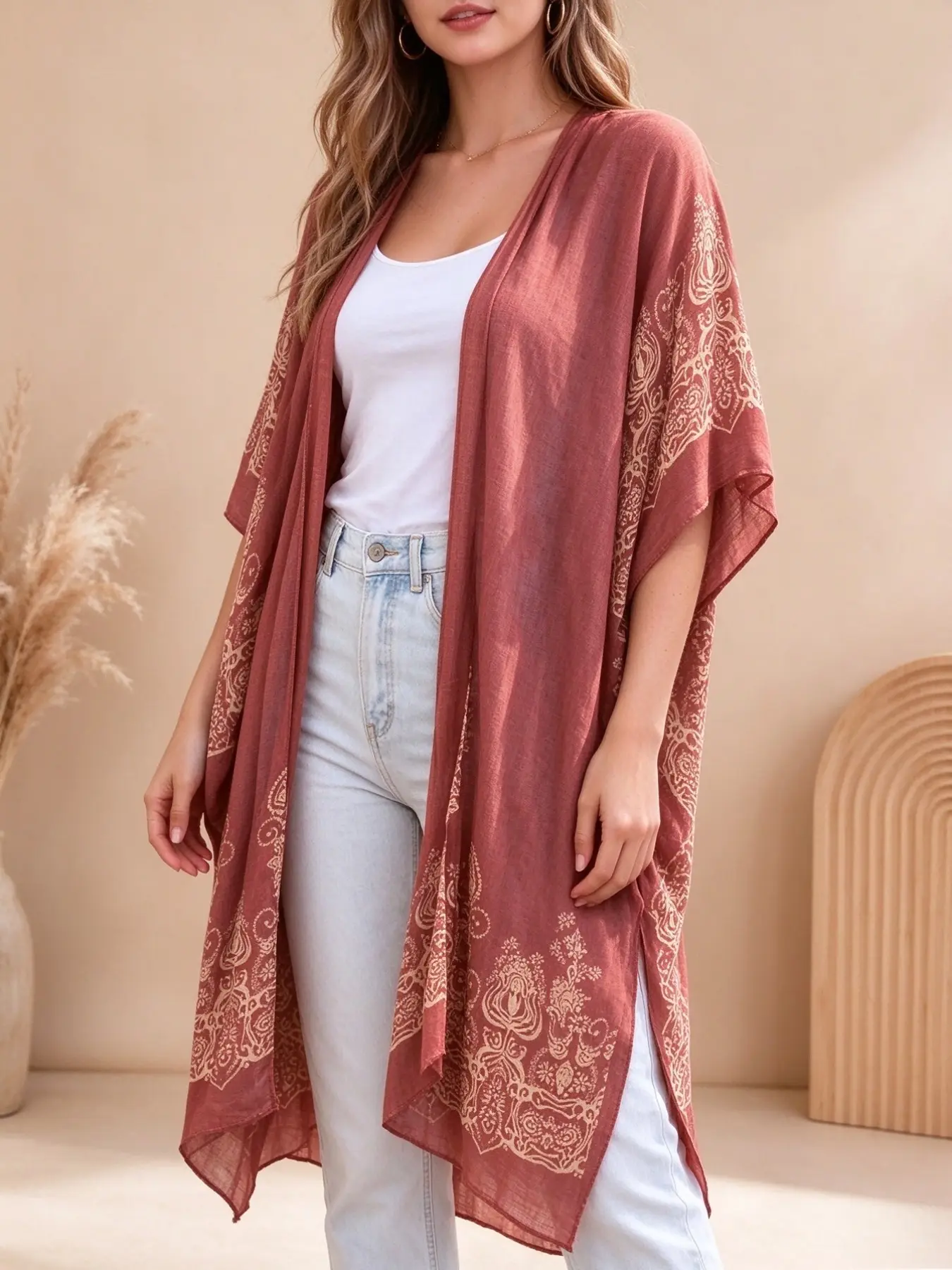 Women's Ethnic Pattern Kimono, Casual Open Front Cover Up Beachwear Coverups for Beach Vacation, Ladies Clothes for Spring & Fall, Womenswear