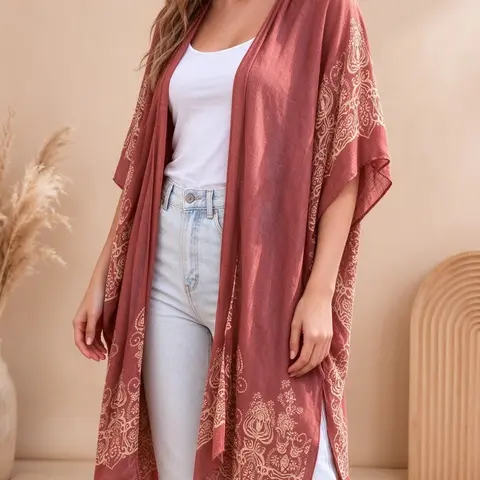 Women's Ethnic Pattern Kimono, Casual Open Front Cover Up Beachwear Coverups for Beach Vacation, Ladies Clothes for Spring & Fall, Womenswear