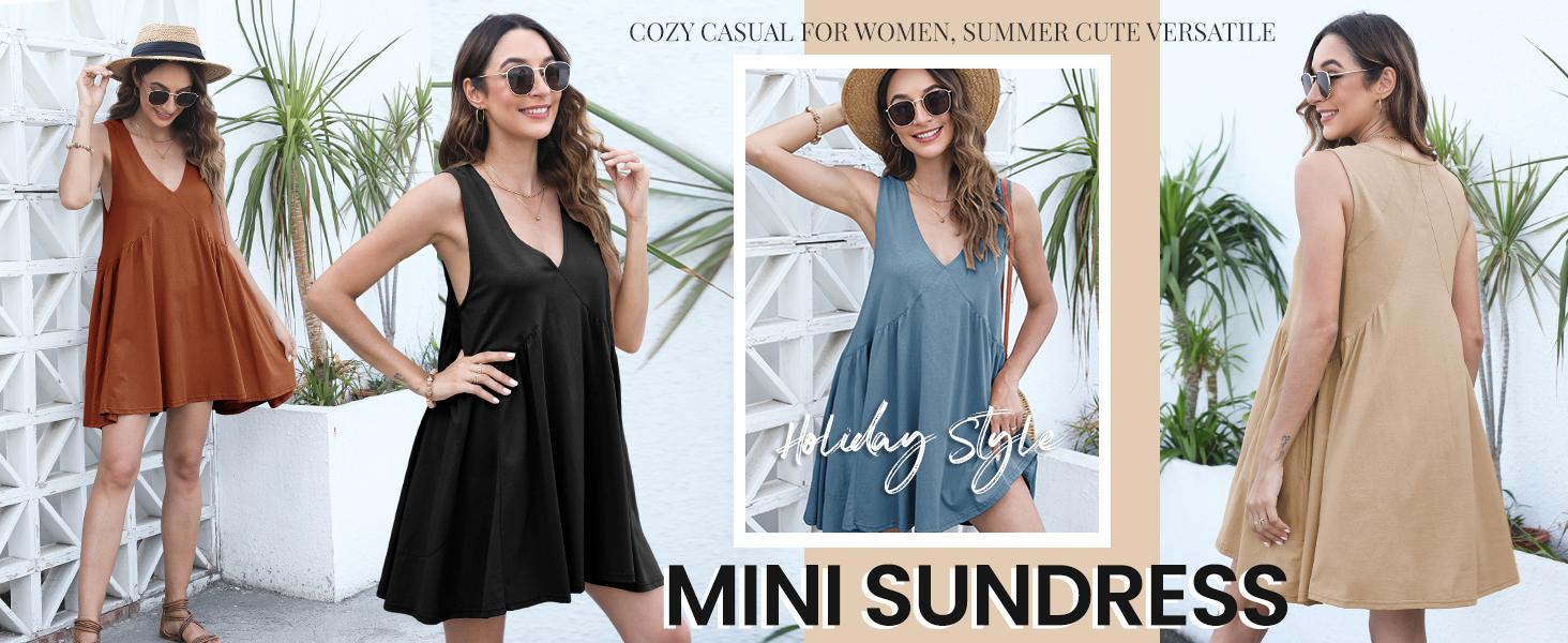 UANEO Women's V-Neck Tank Sundress Summer Sleeveless A-Line Mini Dress Casual Loose Dresses with Pockets