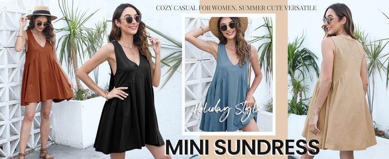 UANEO Women's V-Neck Tank Sundress Summer Sleeveless A-Line Mini Dress Casual Loose Dresses with Pockets