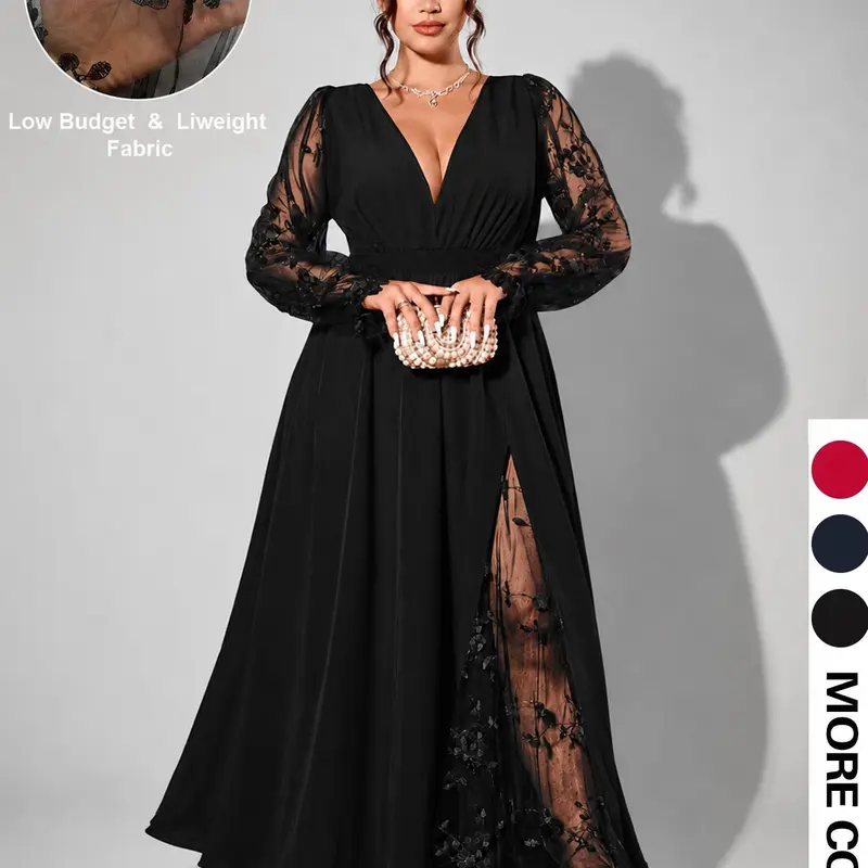 Plus Size Women's Elegant Lace Long Evening Dress, Deep V Neck, Mesh Long Sleeve, A-Line High Split, Perfect for Wedding Guest, Graduation Dance, Dinner Party