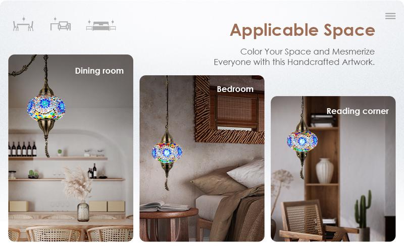 Yarra-Decor Turkish Moroccan Pendant Hanging Light with 15feet Cord Tiffany Style Mosaic Ceiling Lamp for Bedroom Blue Crystal North American Plug Decorative Lighting Home Lighting Led Lighted