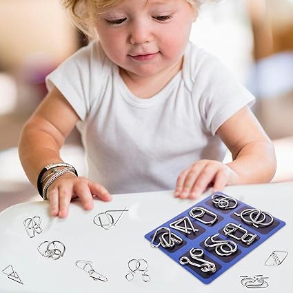 Metal Wire Brain Teaser Montessori Puzzles Ring Toy Set 7.08''×5.9" 24-Piece Logic Game Solution Interlock Educational Stress Relief Portable Durable Gift for Kids Teens Adults