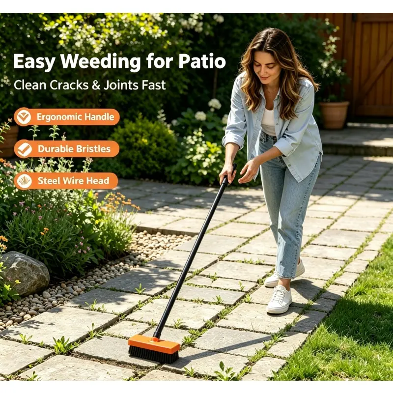 3 in 1 Weed Brush Set, Extendable Ergonomic Handle Wire Bristle Weeder, Multifunctional Garden Cleaning Tool for Patio Pavement Crack Weed Removal