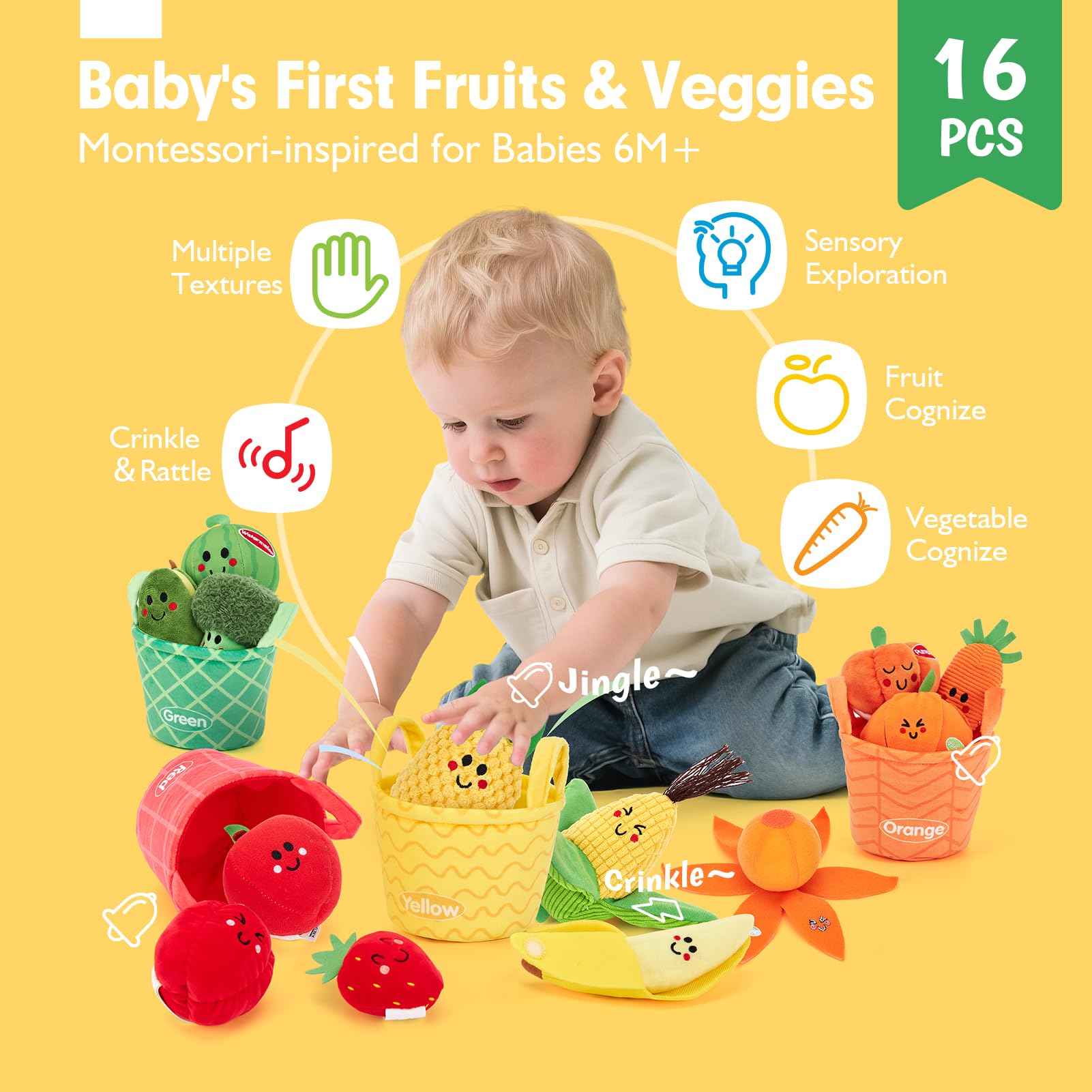 Baby Toys 6-12 Months -Set of Fruits and Vegetables Plush with Rattles and Basket, 16 Sensory Educational Pieces, Sensory Playset, Toys Children 1 Year Gift