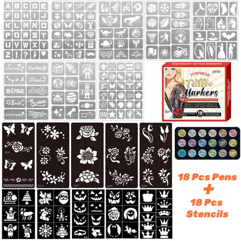 Temporary Tattoo Markers,10/12/18/24 Colors Metallic Markers,Tattoo Stencil, Cosmetic Tattoos Pens,Flexible Brush Tip, Bright colors, Face Paint Kit Cosmetic Quality,Christmas gifts