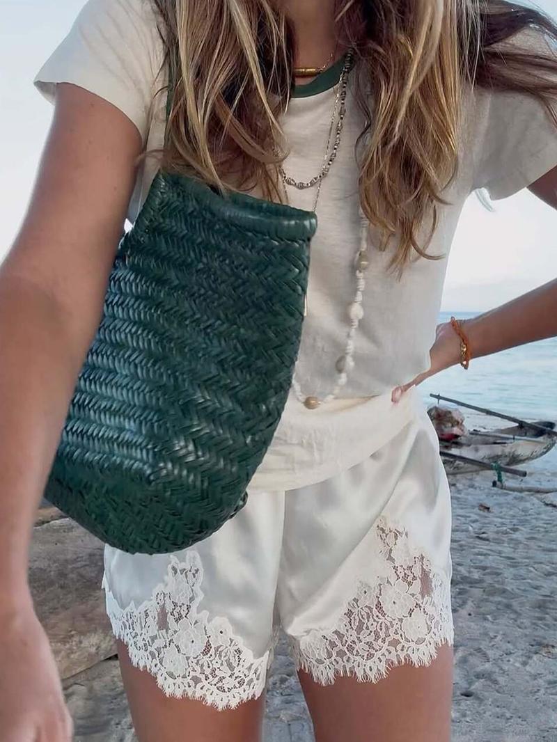 Women's Satin Silk Lace Shorts, Mid-Waist Mini Skirt, Luxurious Party Dress, French Style, Fashion Versatile Pants