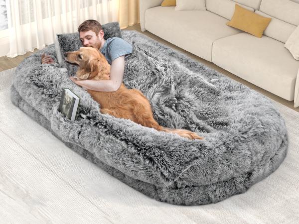 Yitahome Human Dog Bed, 79"x43" Extra Large Memory Foam Dog Beds for Adults and Pets with Blanket and Pillow, Washable Fur Cover