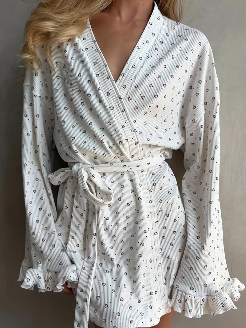 Women's Heart Print Robe, Comfy Long Sleeve Belted Bathrobe, Ladies Sleepwear & Loungewear for All Seasons