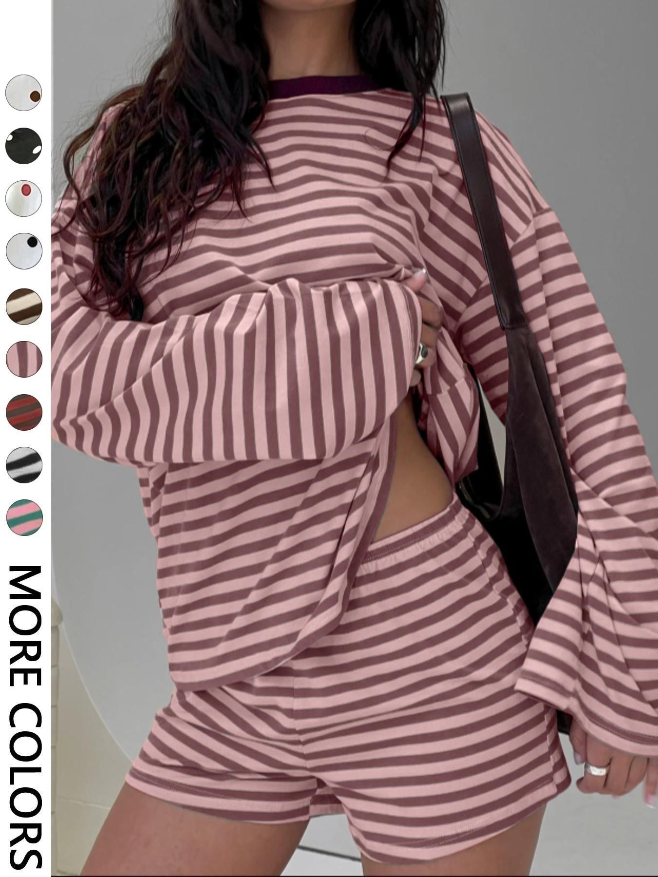 Valentine's Day Women's Casual Striped Long Sleeve Top & Shorts Set, Summer Matching Set, Loose Fit, All Season, Comfortable Travel Clothing for Daily Wear