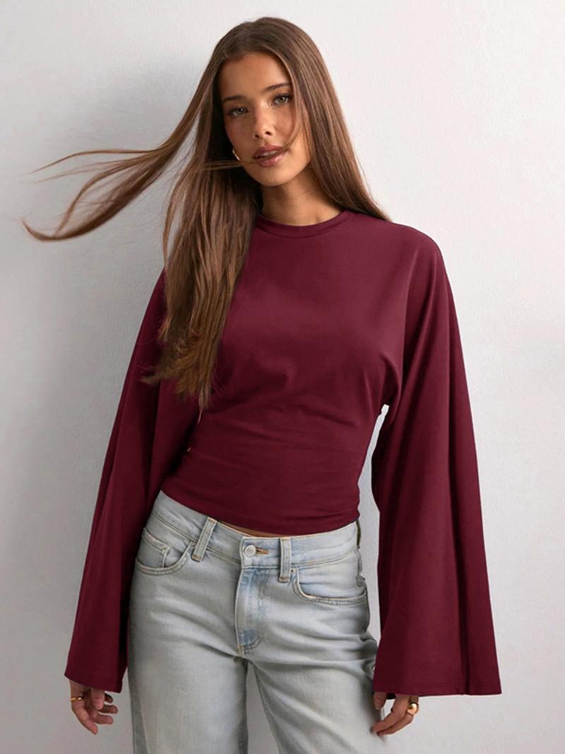 Women's Solid Long Sleeve Tee, Casual Basic T-shirt for Daily Wear, Ladies Clothes for All Seasons, Top