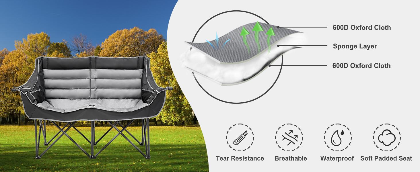 SLSY Oversized Double Camping Chair, Folding 2 Person Camping Chair Loveseat, Fully Padded Duo Chair Camping Couch, Fold Up Double Camp Chair, Lawn Chairs, Camping Bench with Carrying Bag
