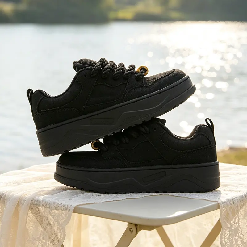 All‑Black Chunky Rope Lace Platform Skate Shoes for Women, Cork Decor Thick Rope Laces Sneakers, Goth Y2K Streetwear Casual Footwear for Daily Wear & Night Out