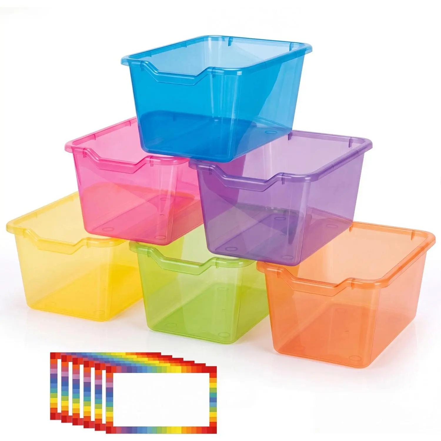 6 Pack Plastic Cubby Bins for Classroom, Stackable Storage Bins with Rainbow Labels and Handles Cubby Organizer Containers for Teacher Supplies Home Office Daycare and Playroom (Bright)