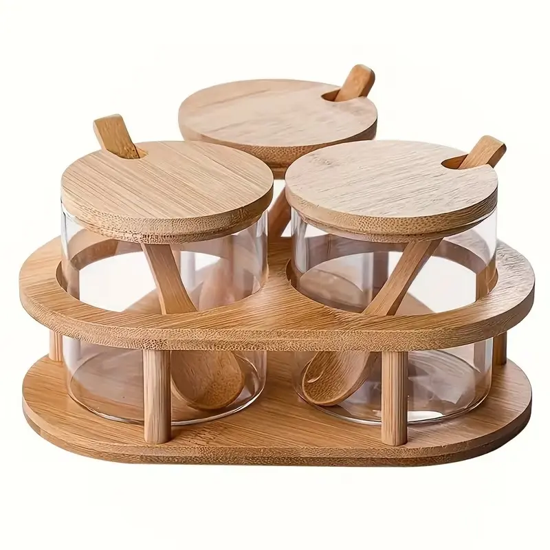 3-Piece Glass Seasoning Bottle Set, Multifunctional Condiment Storage Jars, Wooden Bracket Included, Kitchen Essentials, Kitchenware