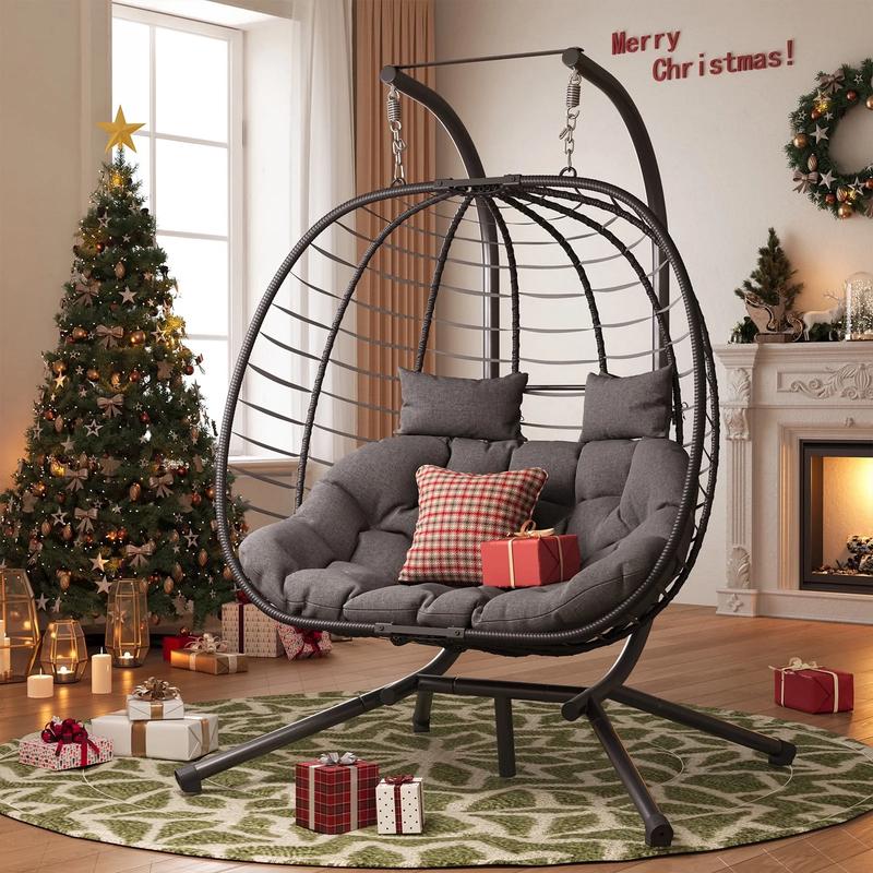 UDPATIO Outdoor Double Wicker Swing Egg Chair 2 Person Foldable Hanging Egg Chair with Stand, Porch Swing Loveseat for Patio, Balcony, Porch, Indoor&Outdoor UDPATIO Outdoor Double Wicker Swing Egg Chair 2 Person Foldable Hanging Egg Chair with Stand, Porch Swing Loveseat for Patio, Balcony, Porch, Indoor&Outdoor