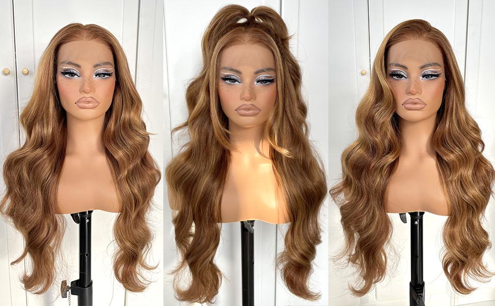 13x6 Wig Glueless Middle Body Wave Lace Front Wigs Pre Plucked Synthetic Long Highlights Wear And Go Lace Front Wig