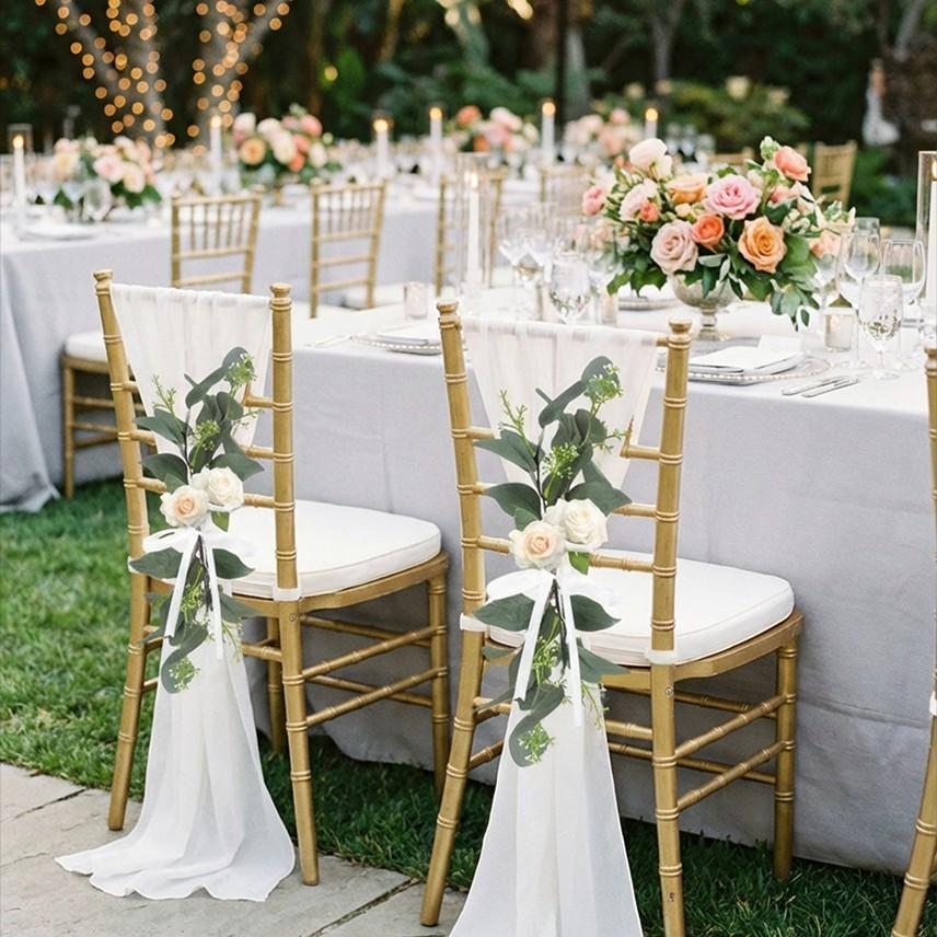 Wedding Chair Ribbon Set with Realistic Flower Decorations, Includes Chiffon Ribbons and Eucalyptus Leaves, Perfect for Church Pews and Bridal Walkway