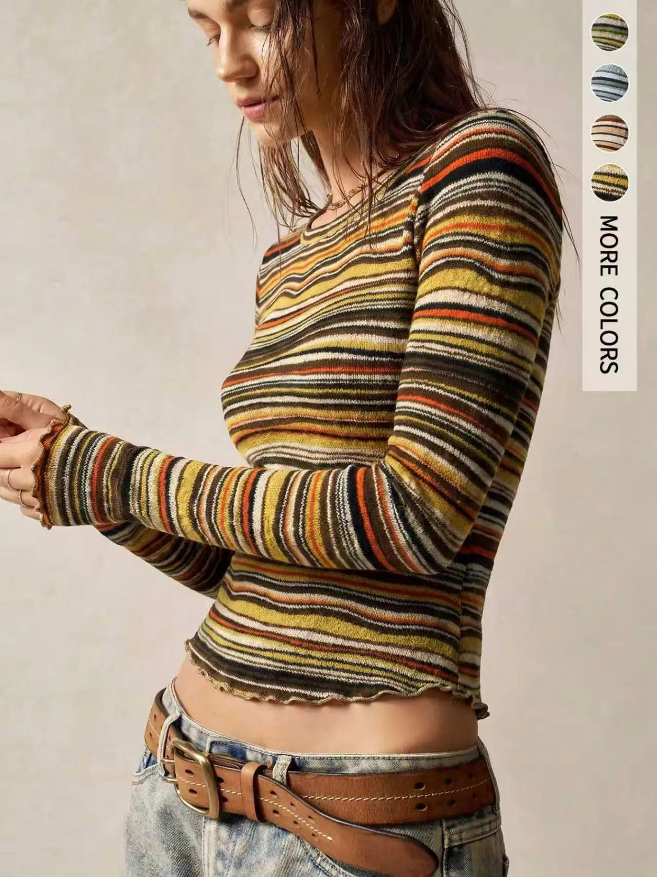 【Black Friday】Boho Style Colorblock Striped Long Sleeve Top, Large Round Neck, Tight Short Fit, Wavy Wood Trim Hem, Vintage Mixed Stripe, Casual Lazy Look
