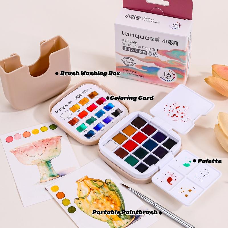 Travel Watercolor Paint Set - Artist Bundle 16 Colors with Palette,Portable Watercolor Travel Kit with Brush, Coloring Card, Brush Washing Box for Adults, Artists & Professionals