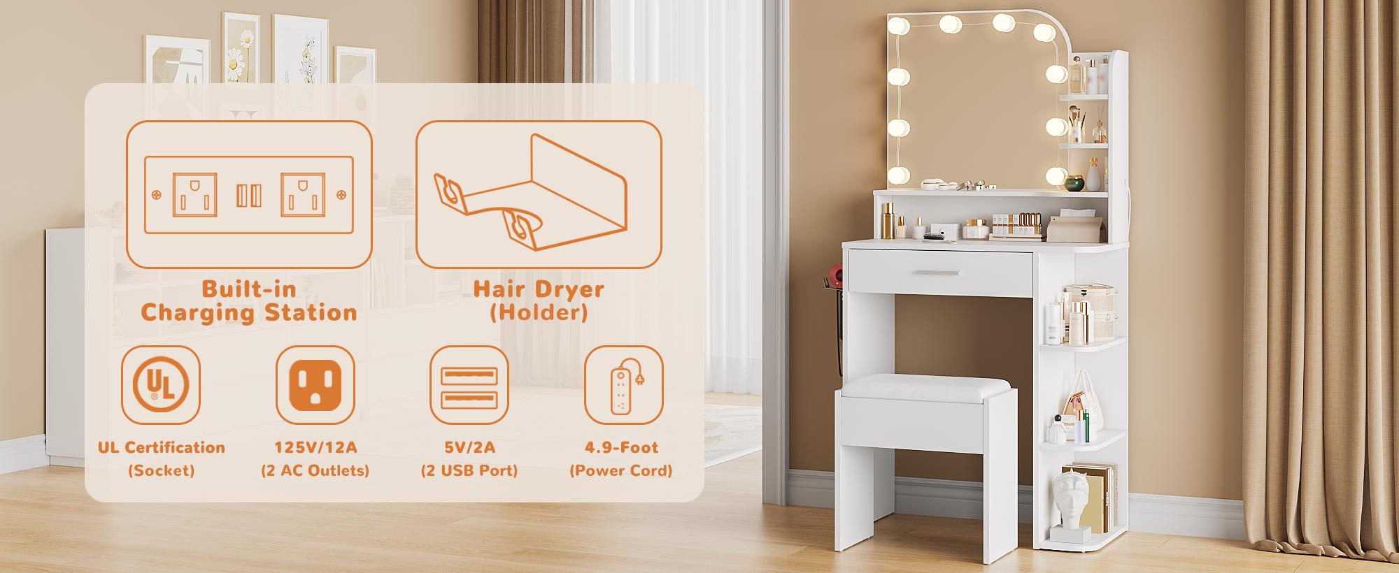 Small Makeup Vanity Desk with Mirror and Lights, 26.4" Small Vanity for Small Space with Stool and Charging Station, Compact Vanity with 3 Color Lighting Modes (White)