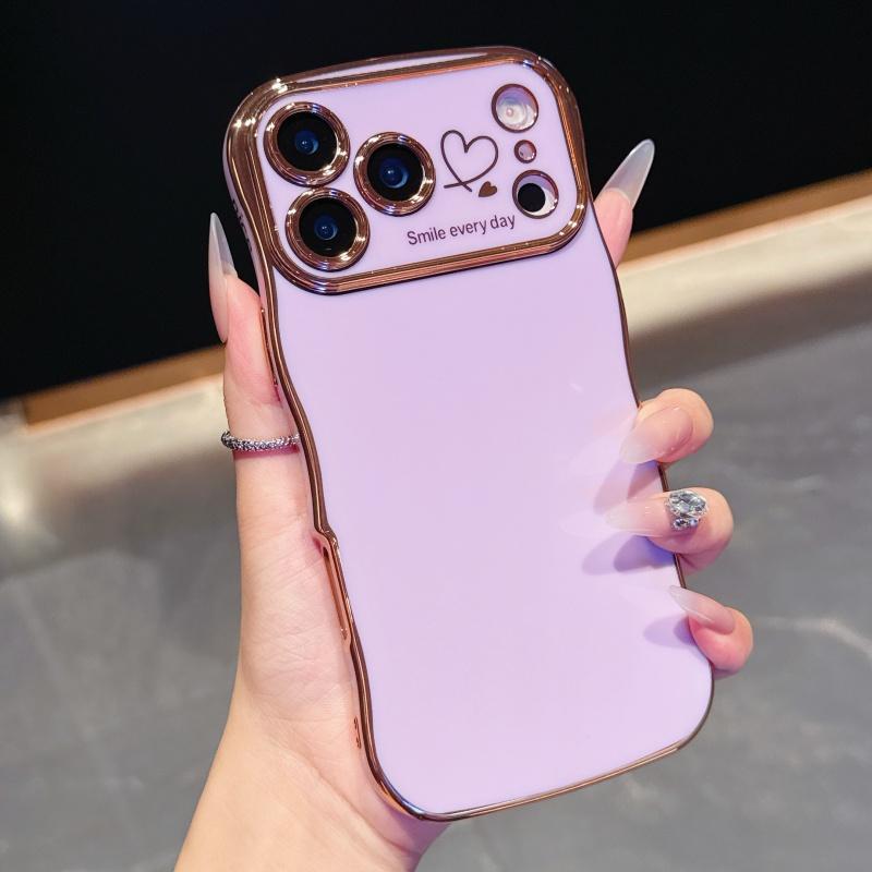 for iPhone 17 Pro Max 16 15 14 13 12 Case for Women Girls, Cute Wave Frame Curly Shape with Love Heart Pattern Raised Camera Protection Cover Luxury Plating Shockproof Phone Case