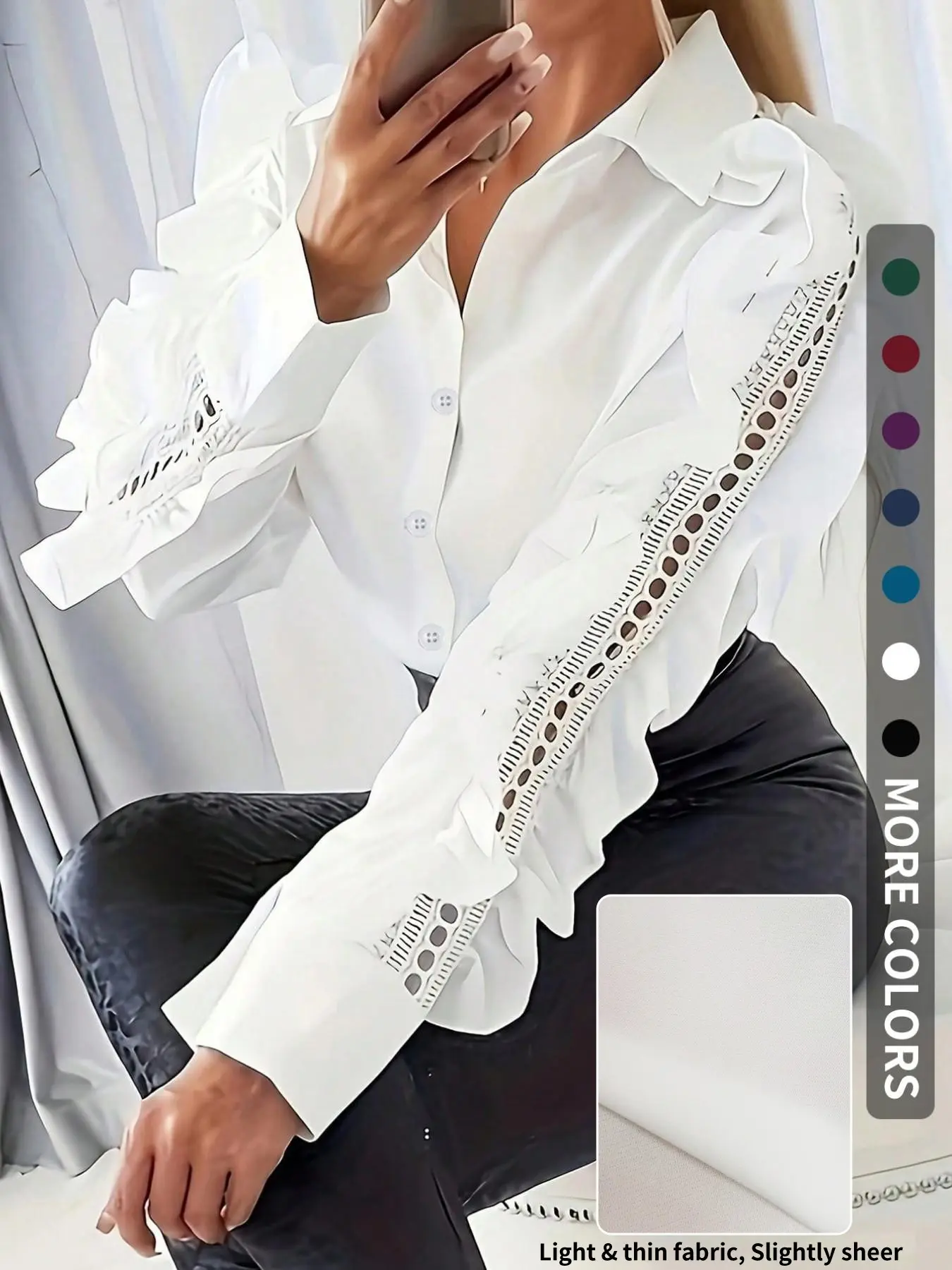 Women's Elegant Solid Color Ruffle Lace Patchwork Collared Shirt, Casual Long Sleeve Button Front Blouse, Perfect for Office & Daily Wear