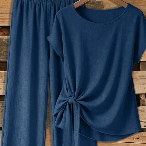 Women's casual Basic solid color bow tie short shirt and loose straight-leg trousers two-piece set, suitable for spring and summer wear, Summer Matching Sets