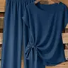 Women's casual Basic solid color bow tie short shirt and loose straight-leg trousers two-piece set, suitable for spring and summer wear, Summer Matching Sets