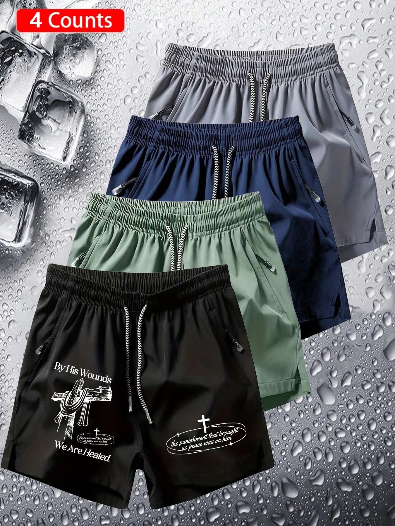 4 Pcs American Faith Shorts, Vintage Trendy, Cross Bible Verse Print, Quick-Dry Breathable Fabric, Unisex Sporty Shorts Set