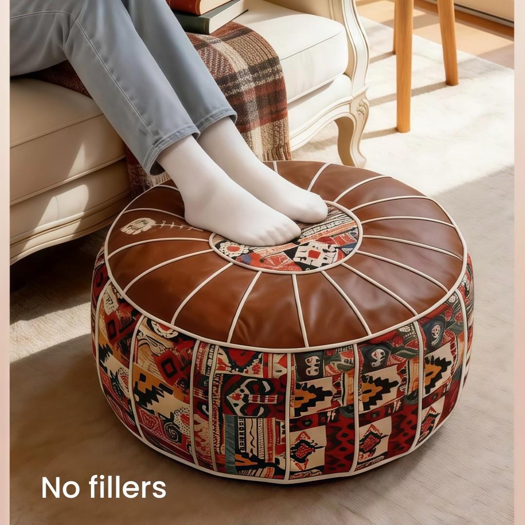 Multifunctional Storage Ottoman Pouf Cover, Faux Leather Ottoman Foot Rest with Hidden Storage, Boho Round Footstool Poufs, Fillable Pouf Ottoman for Blankets Clothes Pillows, Bohemian Pouf Ottoman