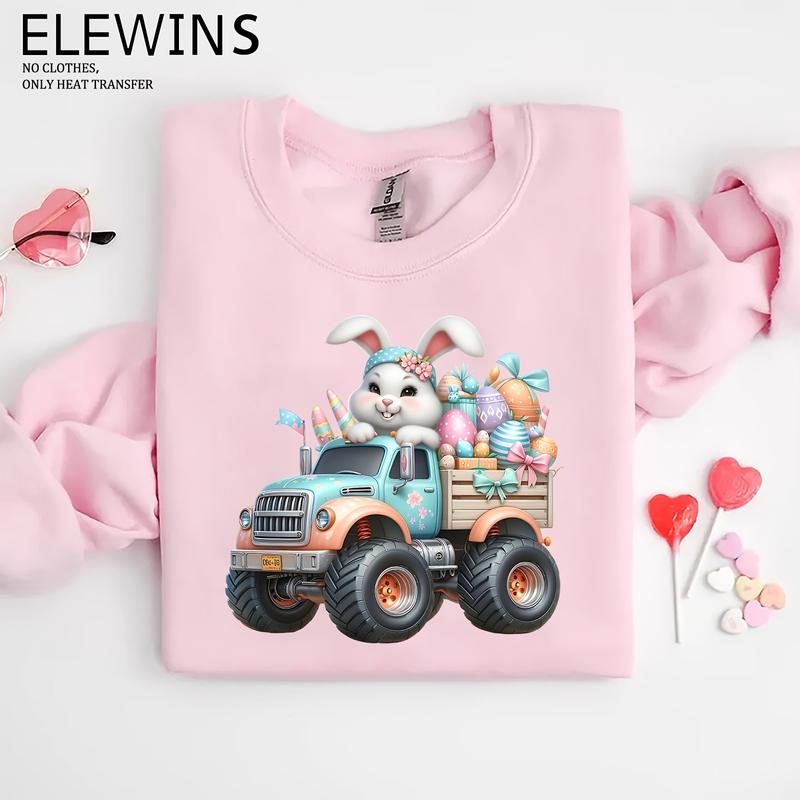Cute Easter Bunny Riding Monster Truck Iron-On Transfer Stickers, DTF Heat Transfer Vinyl, Unisex Washable DIY Plastic Transfers