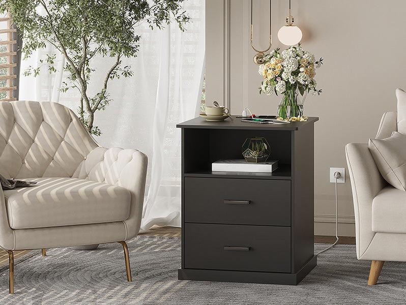 Sikaic Nightstand With Charging Station 2 Storage Drawer And Open Cubby Smart Nightstand Furniture Table