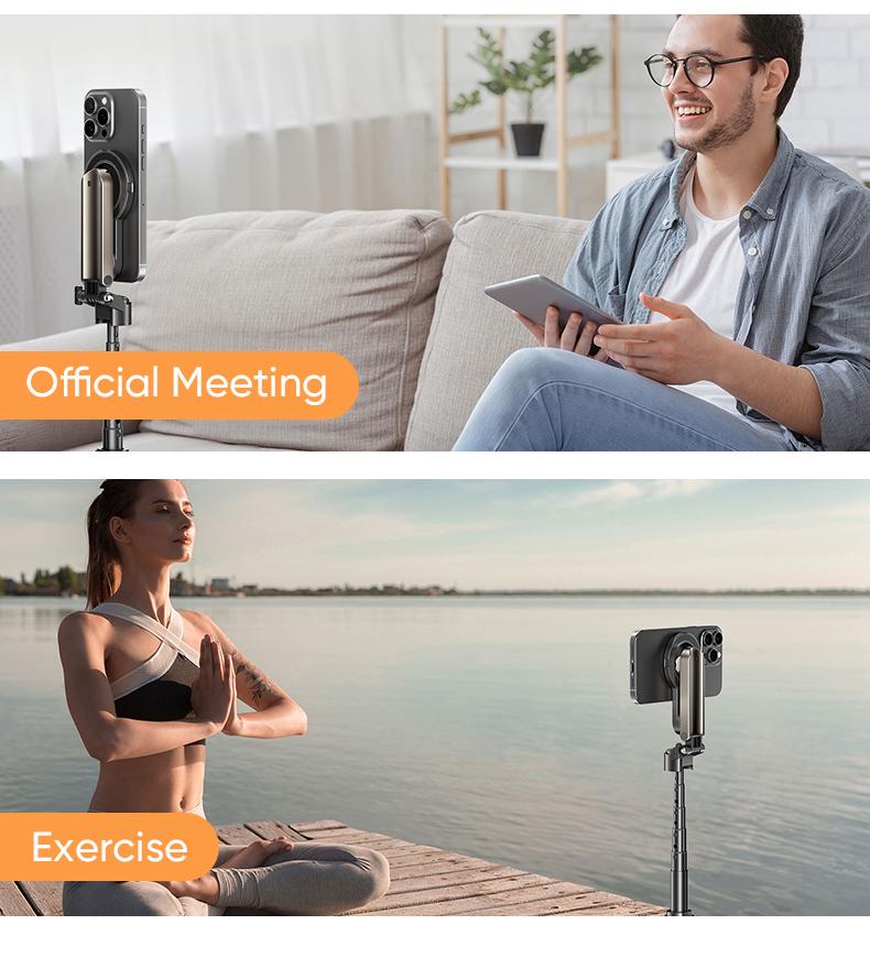 MAGIC JOHN 4-in-1 Multifunctional Magnetic Selfie Stick – 360° Rotation, Compact & Stylish, With wireless Bluetooth control, Magnetic Phone Holder for Selfies/Video Recording/Vlogging, Compatible with Most Phone Modes