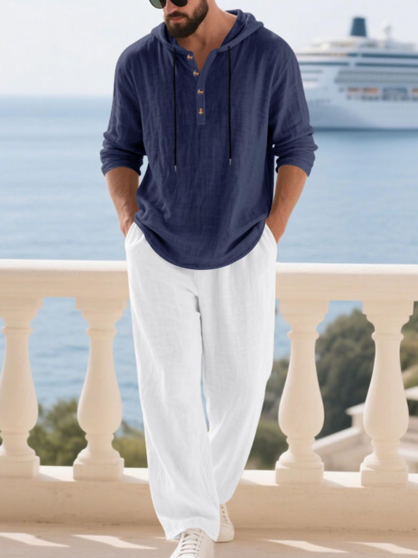 Men's Linen Set Spring Summer 2026, Beach Vacation Casual Style, Lightweight Breathable Hooded Shirt and Straight Leg Pants Two-Piece