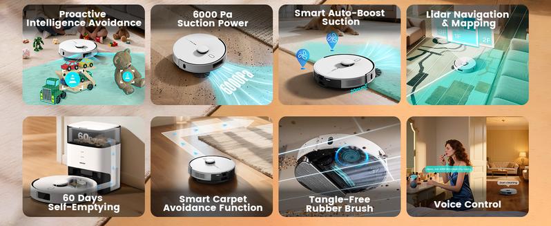 AIRROBO L60+ Self-Empty Robot Vacuum and Mop Cleaner with Ultrasonic Carpet Detection,6000Pa Suction,Laser Obstacle Avoidance,240min Long Runtime