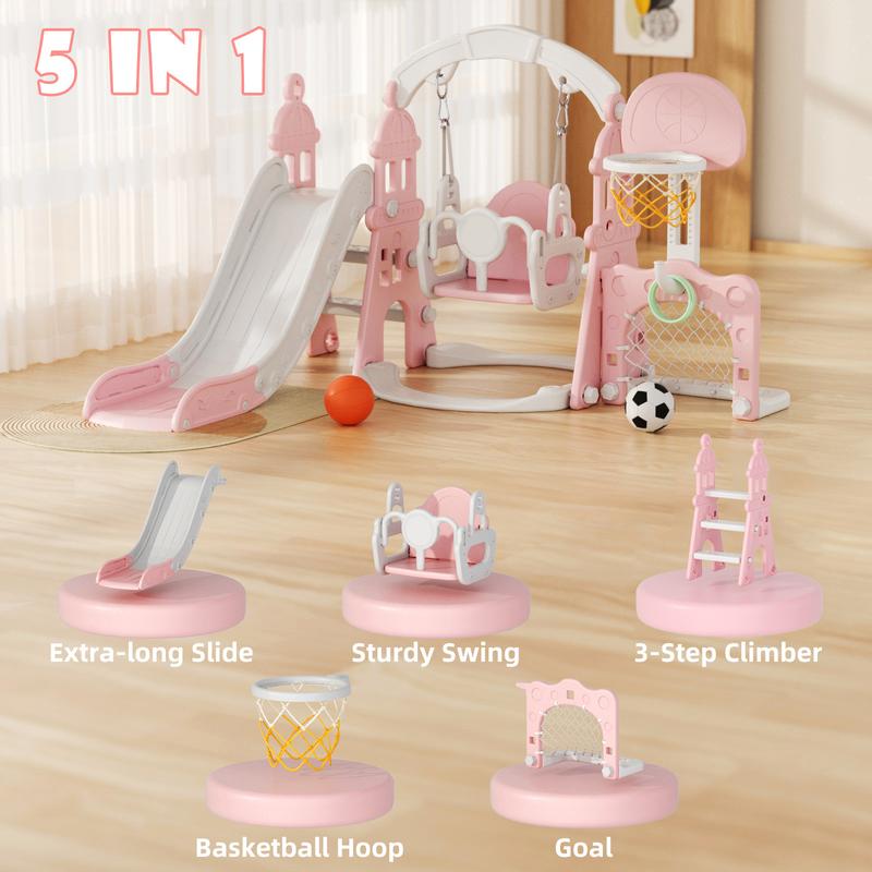 KORIMEFA 4-in-1 Kids Slide and Swing Set with Basketball Hoop Climbing Ladder Multifunctional Play Center for Active Fun Durable HDPE Material Safe and Stable Design for Kids Age 1+ Years Playground Equipment