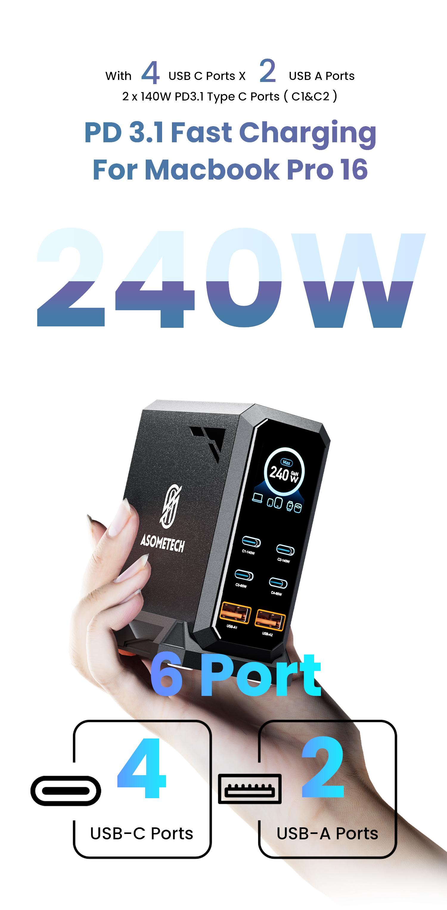 ASOMETECH 240W Digital USB C GaN Charger 6 Ports Desktop Charging Station, PD 3.1 140W USB C Fast Charger Block for MacBook Pro/Air, DELL, Laptop,Fast Charger Power Adapter for iPhone 17 pro max,Samsung Cellphone,iPad,Black ASOMETECH 240W Digital USB C GaN Charger 6 Ports Desktop Charging Station, PD 3.1 140W USB C Fast Charger Block for MacBook Pro/Air, DELL, Laptop,Fast Charger Power Adapter for iPhone 17 pro max,Samsung Cellphone,iPad,Black