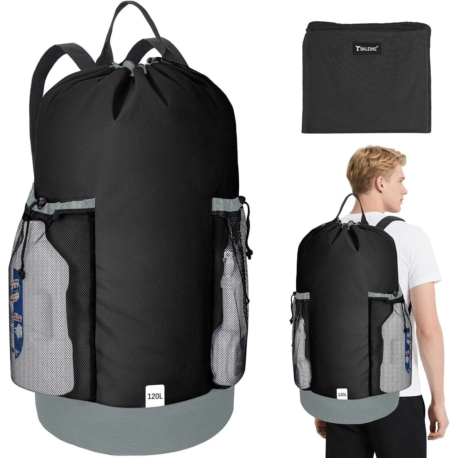 120L Laundry Bag Backpack with Adjustable Shoulder Straps and 2 Mesh Pockets, Waterproof 900D Oxford Foldable Travel Laundry Hamper for Dorm and Trips