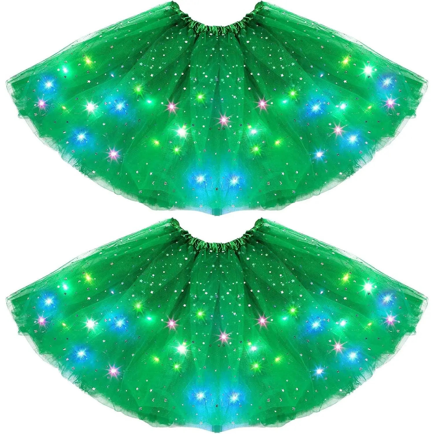 Women's 2-Pack Thick Elastic Layered Tulle Tutu Skirts - Flash, Glitter, Shiny LED Light-Up Skirts for 80's Costumes, Mardi Gras Parties