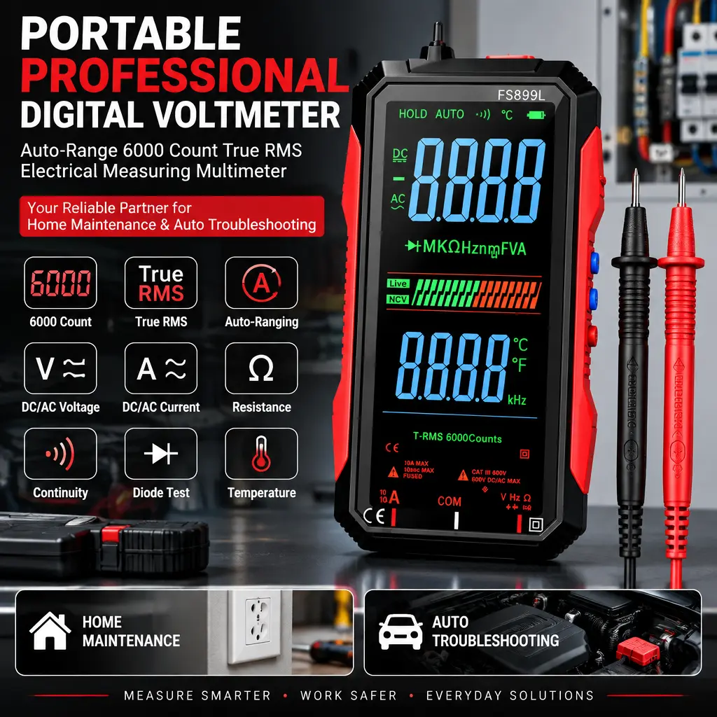 Auto-Range 6000 Count True RMS Multimeter, Portable Digital Voltmeter Tester for Home Electrical Work & Car Diagnostics