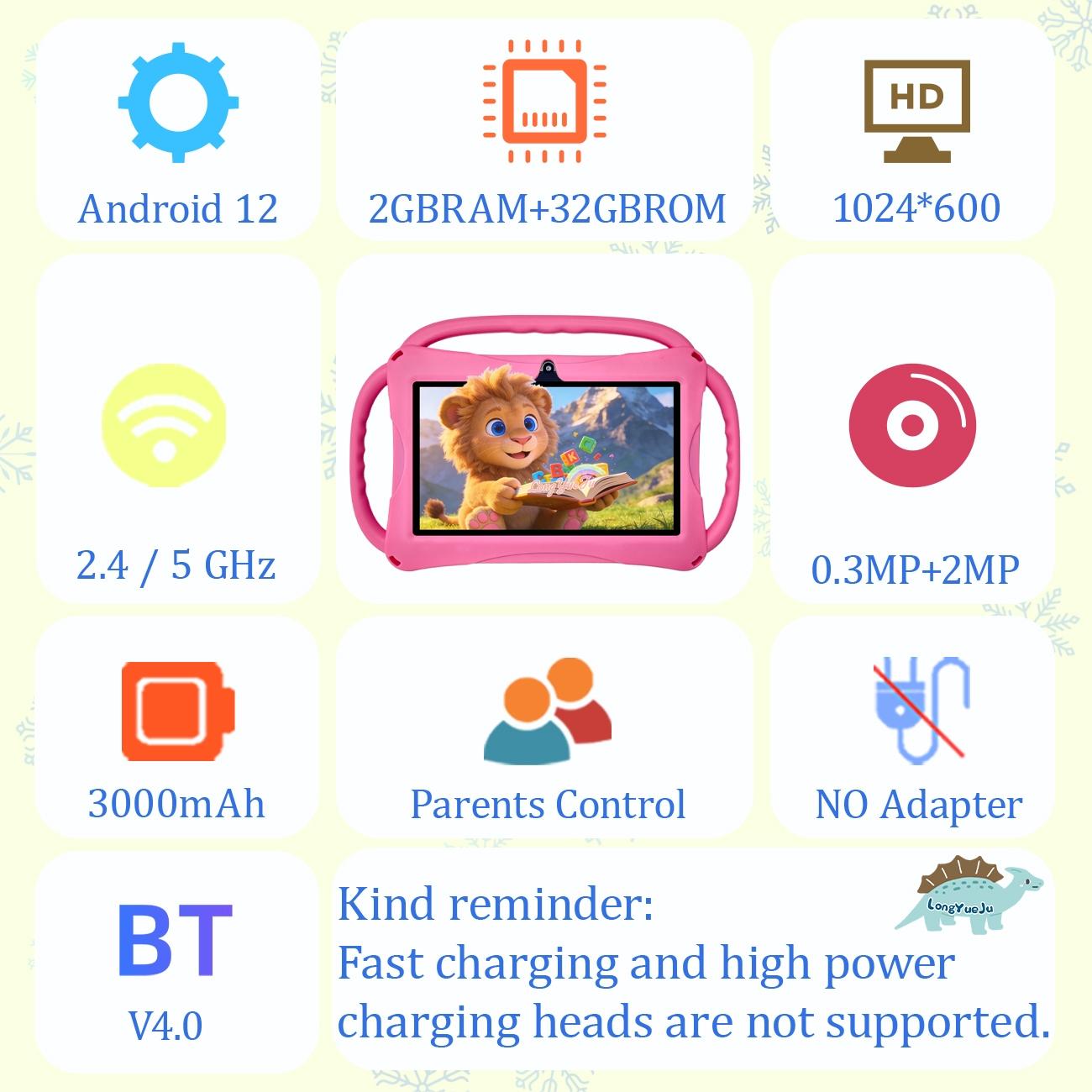 [GiftedInLove] Kids Learning Tablet 7 inch Android 12 Dual Cameras WiFi  Battery Protective Silicone Case Educational Apps Toddler Gifts Stress Relief Case Pink Blue New Year Gift