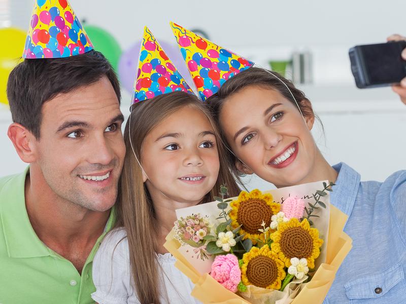 Crochet Flowers Bouquet with Sunflowers, Pink Rose & Tulip, Knitted Flower Gifts for Birthday, Home Decorations, Friend, Graduation