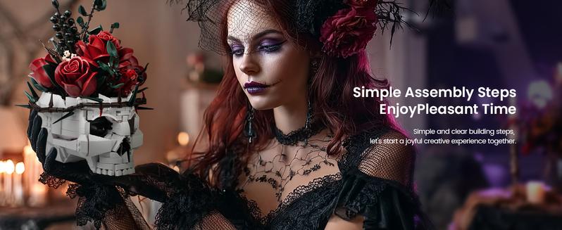 Supreowls Skull Roses Flower Bouquet Building Set, Botanical Collection Kit for Adult Women, Gift for Valentines Day for Her/Girlfriend/Mom/Wife/Couple, Goth Horror Skeleton Pot Home Table Decor Aesthetic