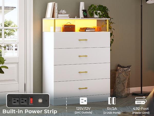 Sikaic 4 Drawers Led Tall Dresser With Charging Station For Bedroom Closet Organization Cabinet Modern Design Apartment Furniture Futon Storage Unit Cupboard